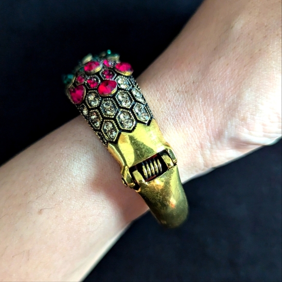 Gemstone Bangle Bracelet Hinge Gold Color Teal Red Ethnic Vintage Y2K 90s - Picture 6 of 7